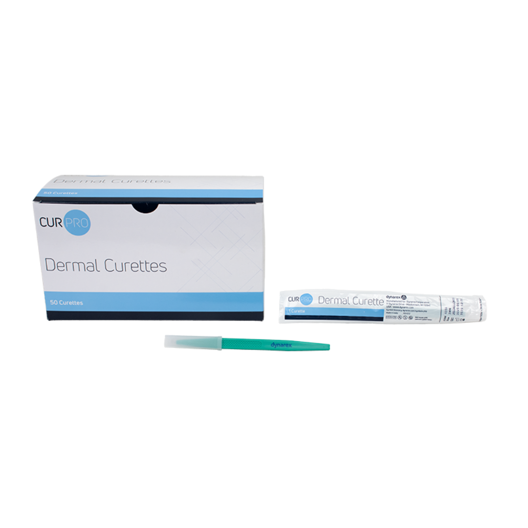 A box of Dynarex CurPro Dermal Curettes, a single-pack curette, and an unwrapped green-handled curette—vital medical tools—are arranged on a white background.